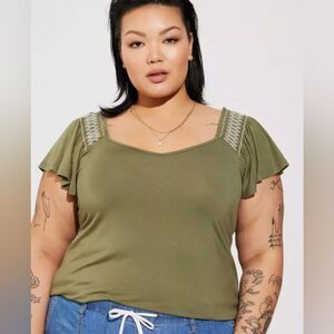 Torrid Olive Super Soft Smocked Flutter Sleeve Top, Size 4X